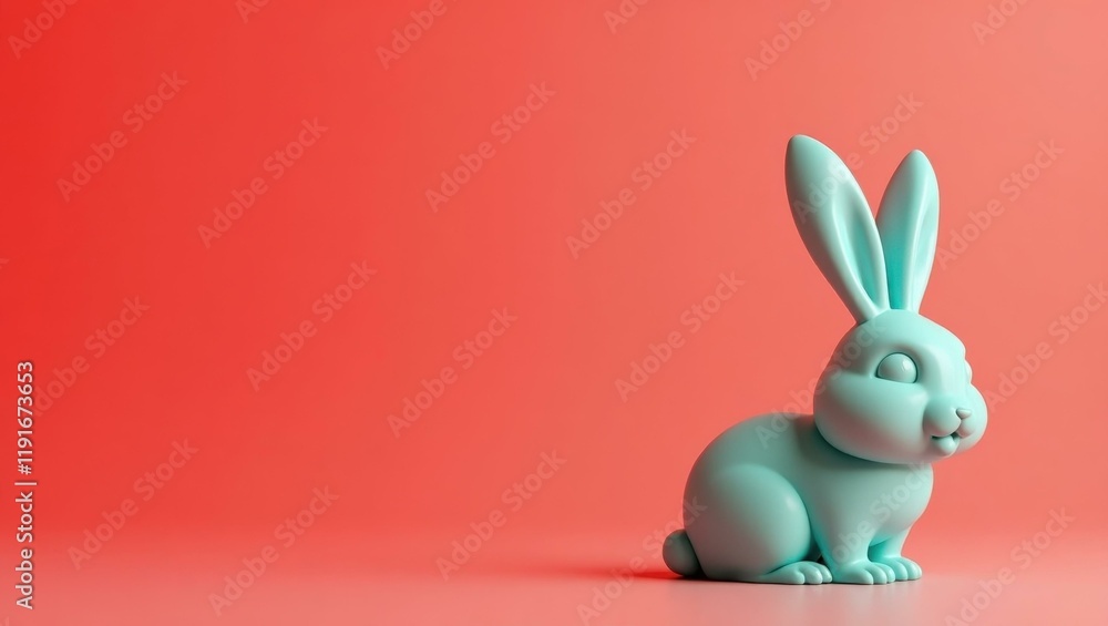Poster turquoise rabbit ears antenna on left. soft red background. copy space for text, 3d render ai genera