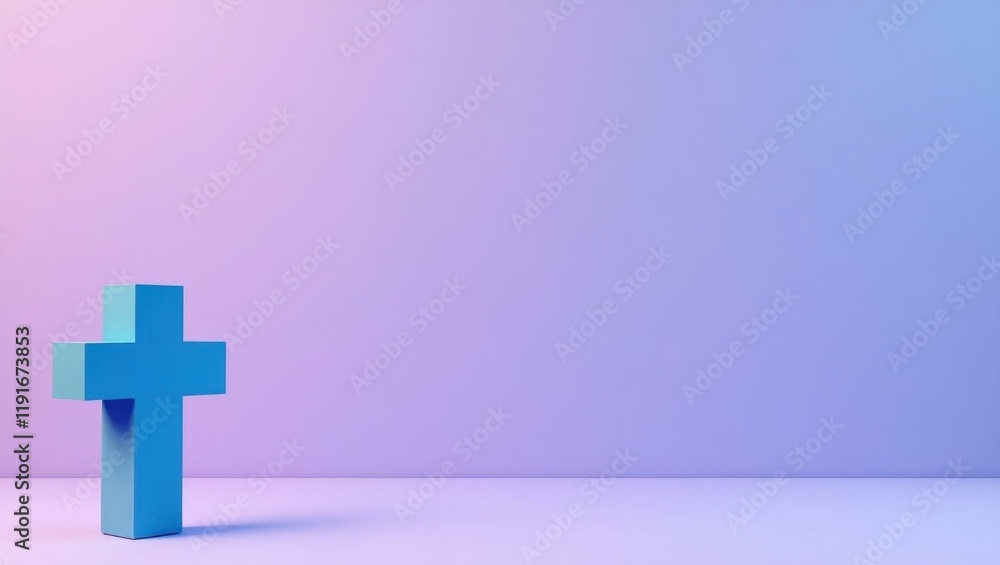 Poster azure blue cross icon on left. soft purple background. copy space for text, 3d render ai generated d
