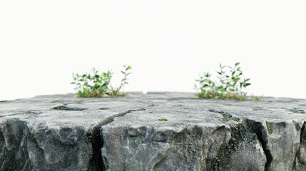 Stone platform, cracked, mossy, with small plants.