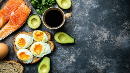 Overhead view of a delicious breakfast spread featuring poached eggs, avocado toast, smoked salmon, and freshly brewed coffee, arranged for a fresh and healthy morning meal.
