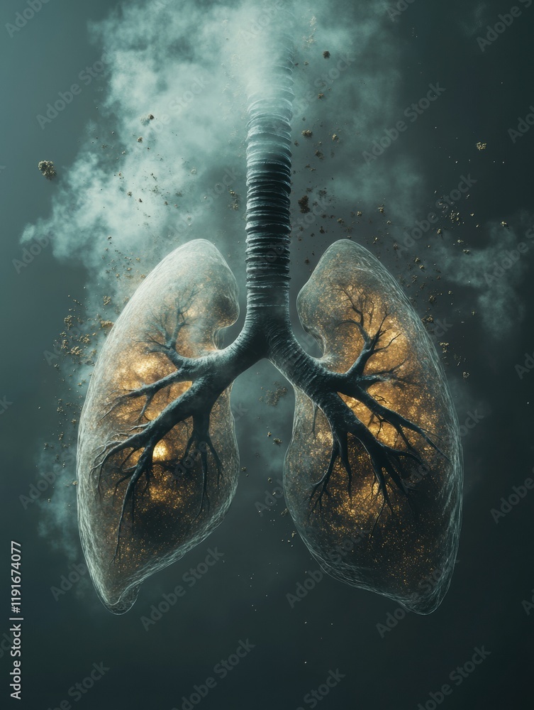 Poster realistic depiction of lungs amidst polluted air filled with smog and dust particles. generative ai