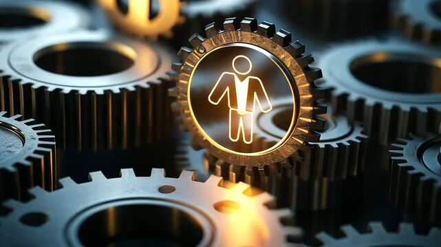 Highlighting the theme of collaboration, sleek interlocking gears encase a businessman icon, glowing with energy and surrounded by corporate keywords.