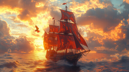 Obraz premium Cartoon of a pirate ships engaged in a fierce battle