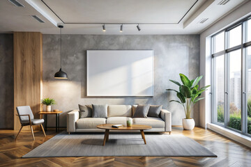 Mockup frame in modern interior, white room with contemporary furniture