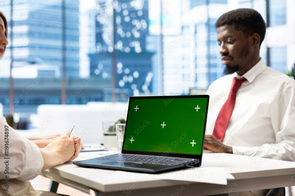 Poster hr professional using green screen laptop during interview to ensure job candidate possesses necessa