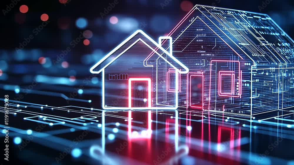 Poster a house icon with pulsating neon lights is framed by a shield detailed with glowing circuit pathways