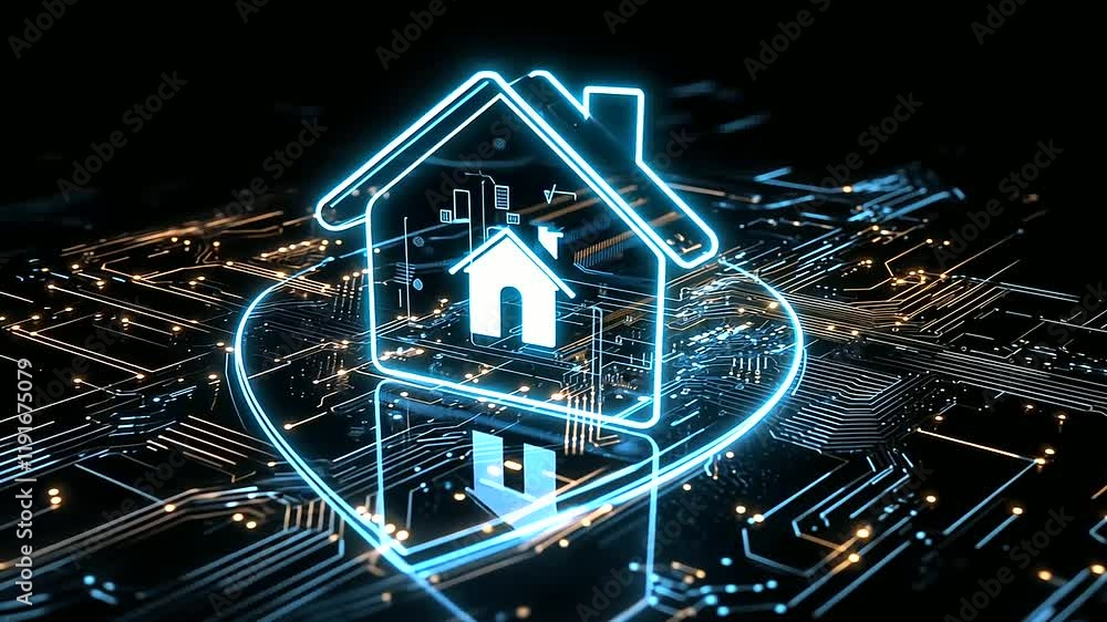 Poster the central glowing house icon is surrounded by a shield with luminous circuit-board engravings, cre