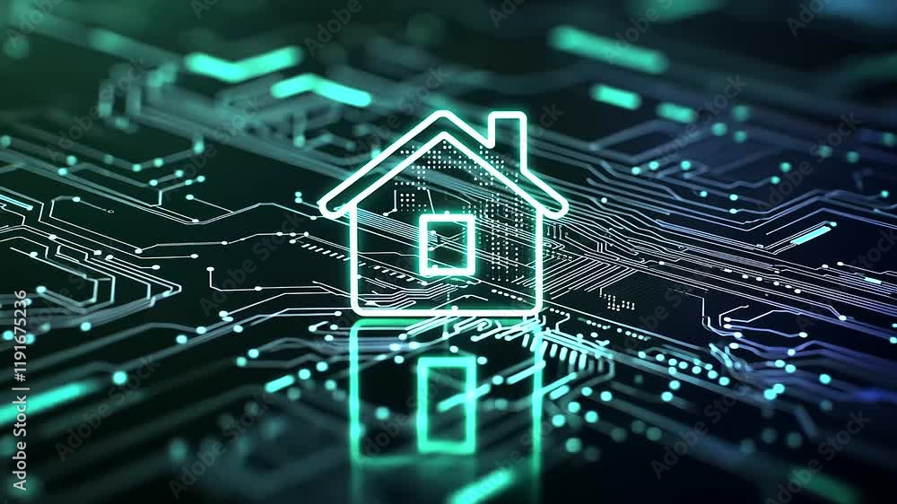 Poster highlighted against a gradient background, a futuristic house symbol within a shield glows, with int
