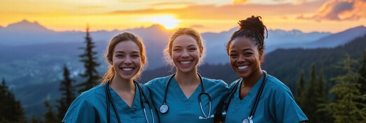 Smiling healthcare professionals celebrate at sunrise on majestic mountain peaks. Generative AI