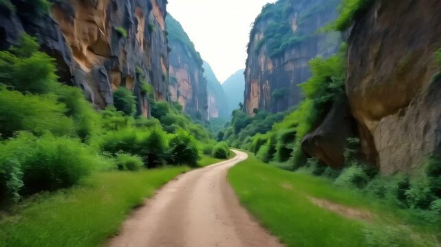 Dirt road in between two steep cliffs in a valley