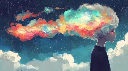 Cosmic Hair, Child Dreaming, Night Sky, Clouds, Fantasy Art, for websites, book covers