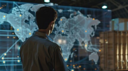 Obraz premium A detailed shot of a logistics manager coordinating global supply chain operations in a distribution center, Supply chain logistics scene, Global coordination style
