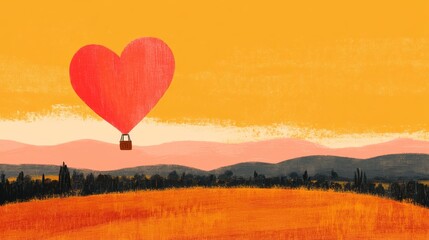 A hot air balloon in the shape of a heart, floating over a beautiful countryside landscape with fields and a blue sky with clouds.