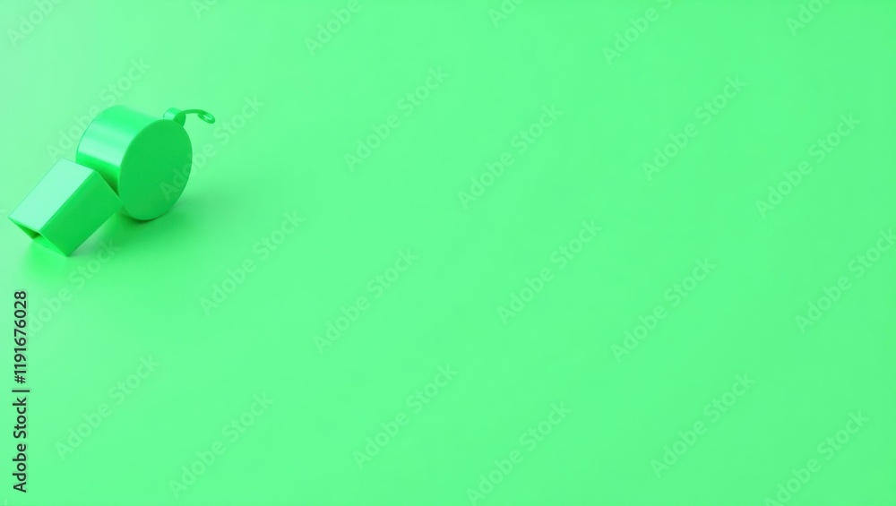 Poster mint green referee whistle on left. soft orange background. copy space for text, 3d render ai genera
