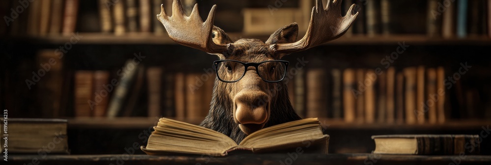 Aufkleber moose reading in vintage library with glasses while holding a book and surrounded by shelves of old 