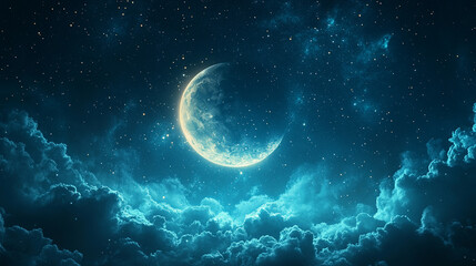 Fototapeta premium A serene romantic moon illuminates a starry night sky with soft clouds drifting by, creating a dreamy atmosphere with a blurred bright light tone and space for captions on the side.