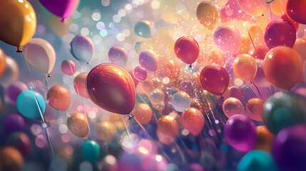 A cascade of balloons in shimmering shades, highlighted by glittering effects, conjures an atmosphere of excitement and celebration in a contemporary setting. Moonspire. Illustration
