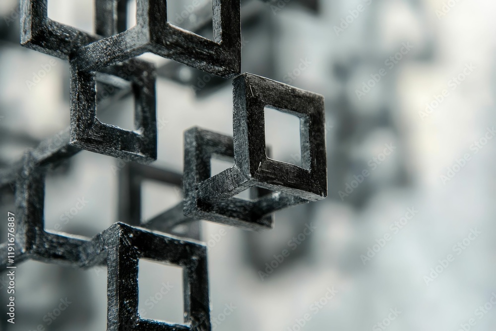 Poster interlocking dark gray cubes, abstract three-dimensional forms.