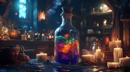 A decorative halloween bottle bursting with colorful potion, flanked by ominous decor and glowing candles, conjures a thrilling ambiance for an unforgettable spooky night. Moonspire. Illustration