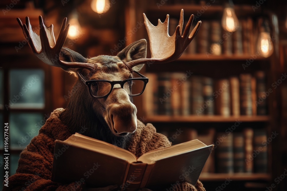 Aufkleber moose wearing reading glasses enjoys a book in a cozy vintage library filled with books and warm lig