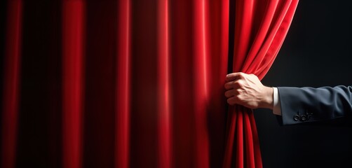 Hand pulls back red velvet curtain revealing bright stage. Dramatic moment of anticipation before performance. Mysterious event unfolding. Potential for artistic theatrical presentation. Business pro