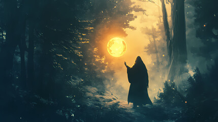 A mysterious figure conjures a glowing orb in an enchanted forest, symbolizing dark magic. Moonspire. Illustration