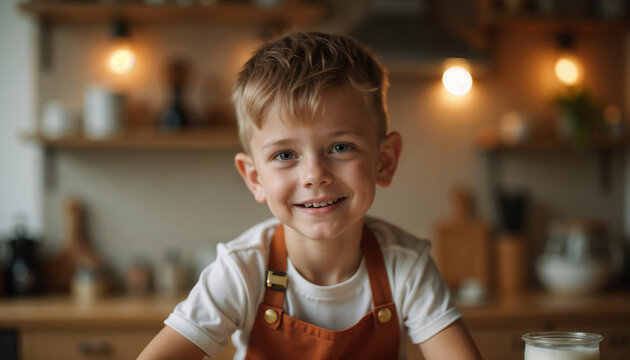 Smiling boy in apron standing in a cozy kitchen setting.Cooking class banner for kids, family bonding, or culinary schools. Creativity. Joy. Nurturing skills through playful learning.
