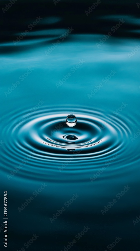Poster single drop of water creating concentric circular ripple waves in blue liquid, perfect for backgroun