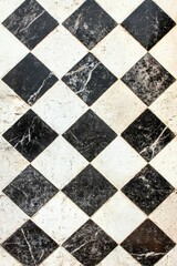 Diamond-patterned floor, black and white tiles, aged surface.