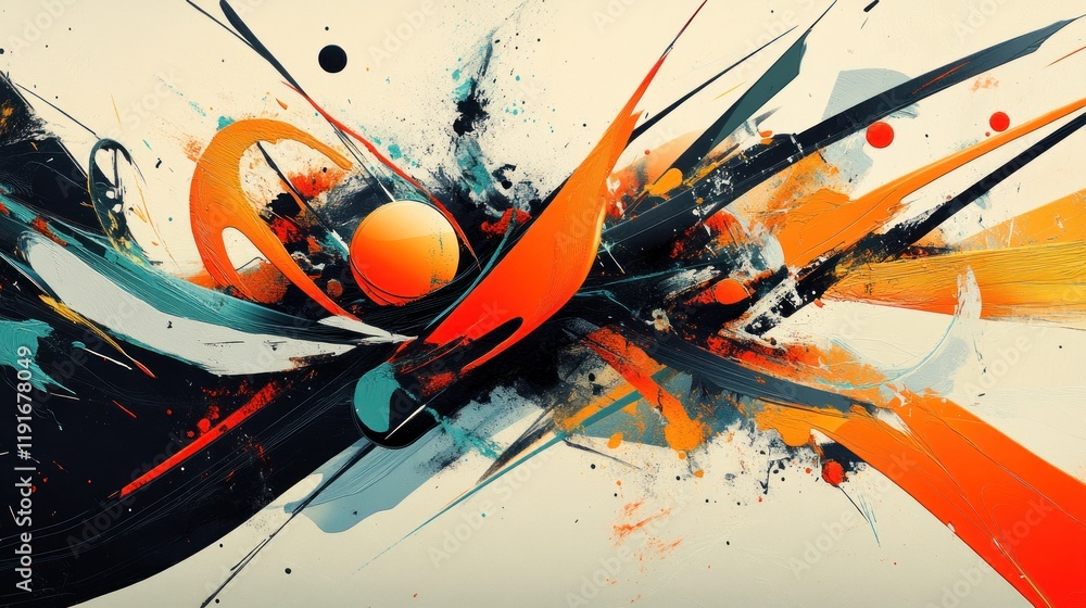 Poster abstract painting with dynamic brushstrokes and vibrant colors, creating a sense of motion
