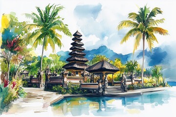 Watercolor illustration of Balinese temple surrounded by tropical plants and peaceful pool scenery