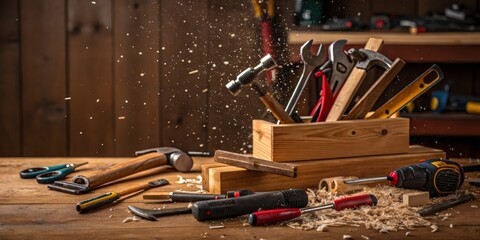 Tools and wood shavings create a dynamic atmosphere in a workshop during a busy afternoon