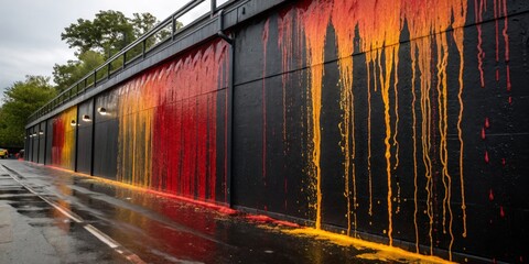 Colorful paint drips create vibrant street art along urban wall after rain