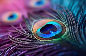 Naklejka premium Closeup view of vibrant peacock feather. Detailed texture shows colorful patterns of blue green, gold. Exotic bird plumage. Beautiful feathers. Macro photo of feather. Colorful feather closeup.