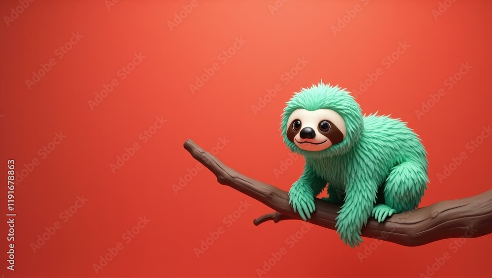 Poster mint green sloth on a branch on right. soft purple background. copy space for text, 3d render ai gen