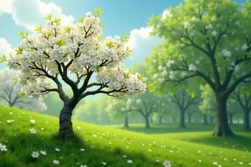 Blooming tree with green leaves and blossoms in a natural landscape, plant, blooming