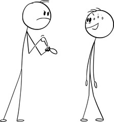 Person going late to work or home, boss or father annoyed, vector cartoon stick figure or character illustration.