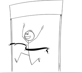 Person or businessman winning race on finish line at athletic stadium, vector cartoon stick figure or character illustration.