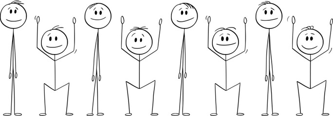 Tileable line of persons in standing and crouched pose, vector cartoon stick figure or character illustration.