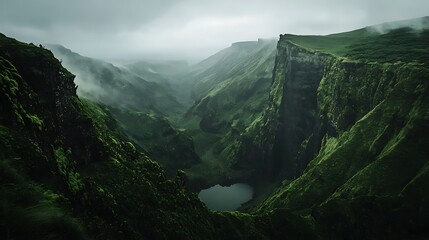 Verdant Cliffs Enclose Misty Valley Lake