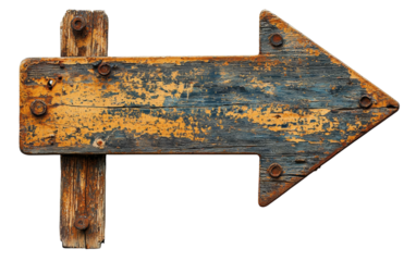 Rustic wooden arrow sign on weathered background Isolated on transparent background