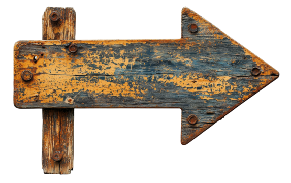 Rustic wooden arrow sign on weathered background Isolated on transparent background - Powered by Adobe