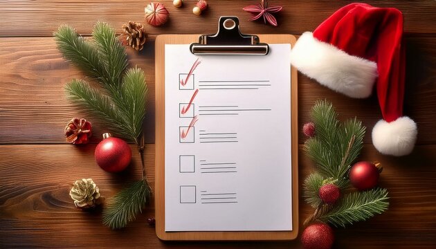 Generated image Christmas checklist or shopping list on clipboard lying on wooden desk