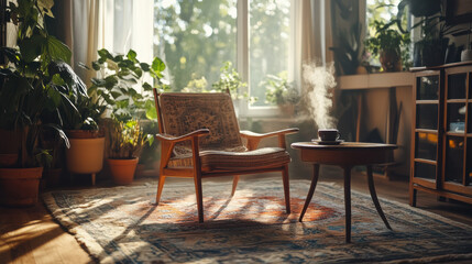 Levitating wooden chair in a cozy vintage living room with warm light, floating dust particles. A steaming coffee cup adds charm to the surreal scene.
