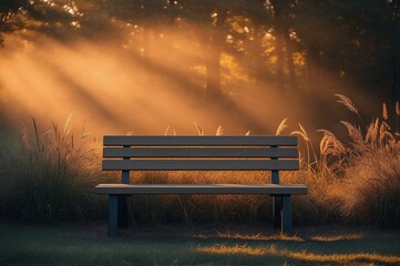 bench at sunset in front of tall grasses in pantone 2025 color of the year mocha mousse