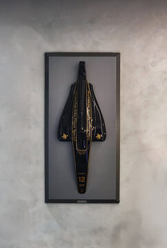 Formula 1 car model wall art, Black gold vintage race car decoration on grey wall