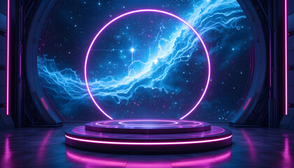 Futuristic neon stage with cosmic backdrop.