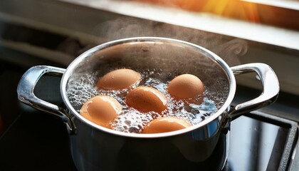 Generated image Closeup of eggs in hot boiling water in a pot on a stove. Healthy protein breakfast food