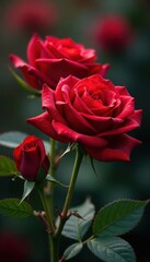 Fototapeta premium Crimson Valentine roses, glistening dew drops , red rose, morning