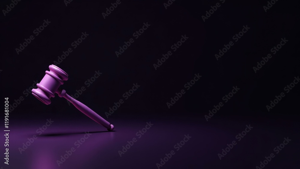 Poster gavel in purple on right. soft white background. copy space for text, 3d render ai generated designe